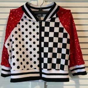 Race car dance jacket 3/4 sleeve red & white polkadot & checker size M MC 10-12